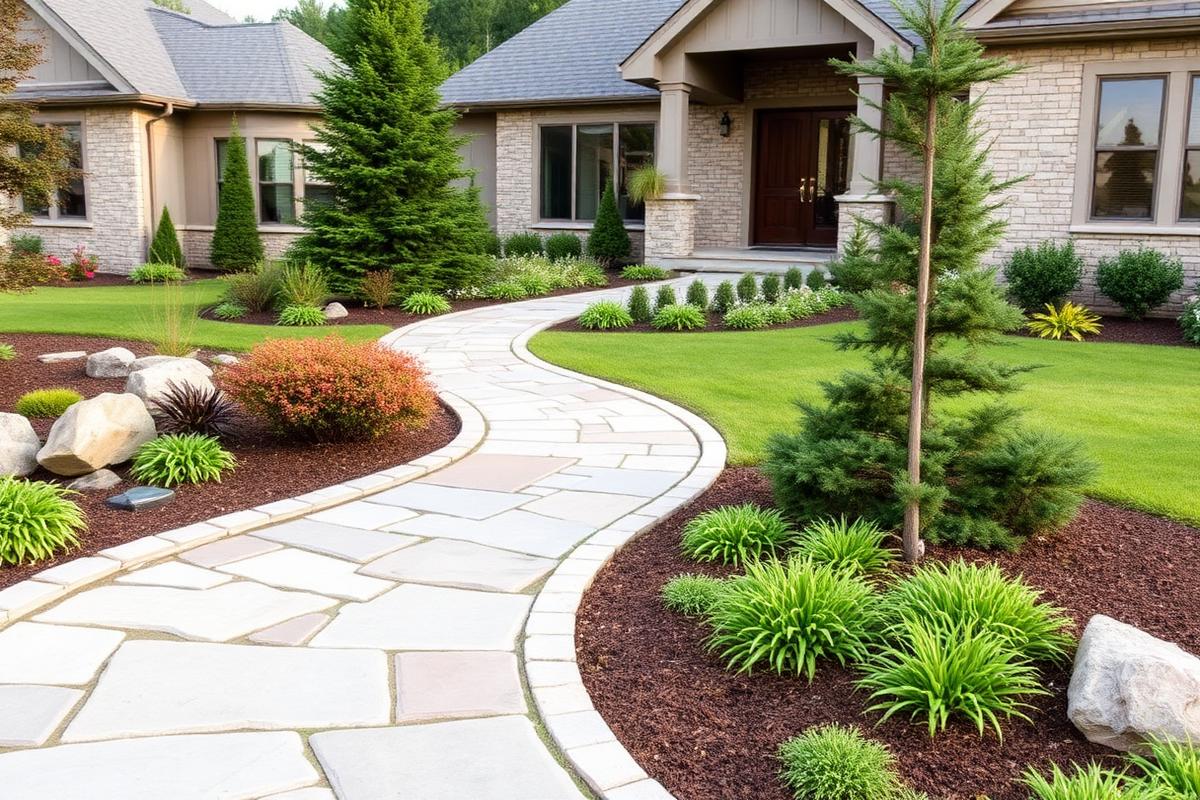 Stone walkway and landscaped front yard